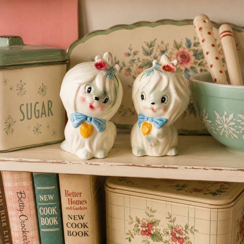 Vintage Lefton Puppy Dog Salt and Pepper Shakers 3235 Japan Kitsch Blue Bow Set